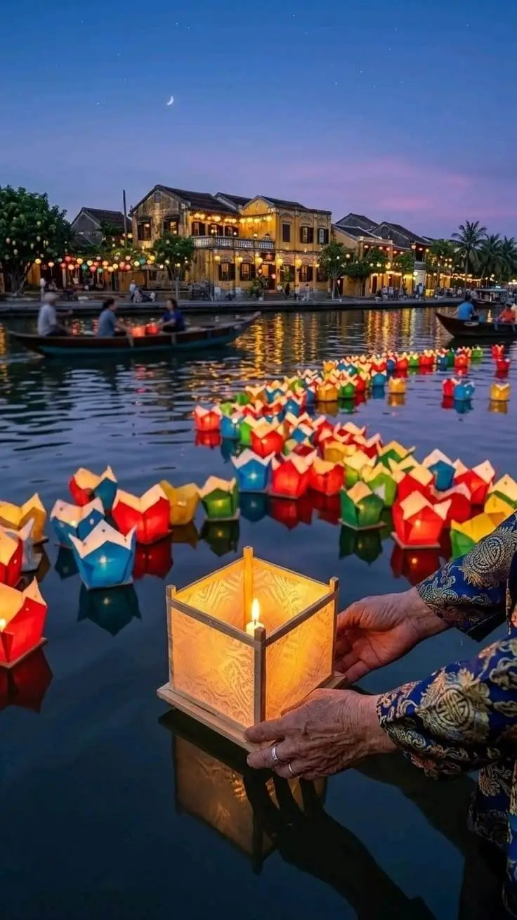 Lantern-lit boats on Thu Bon River Hoi An
